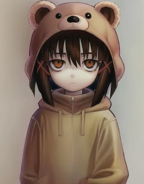 v1v404, serial experiments lain, lain, eyebags, tired, brown eyes, bear suit, short hair, kigurumi, an x ornament, (focus on face)
