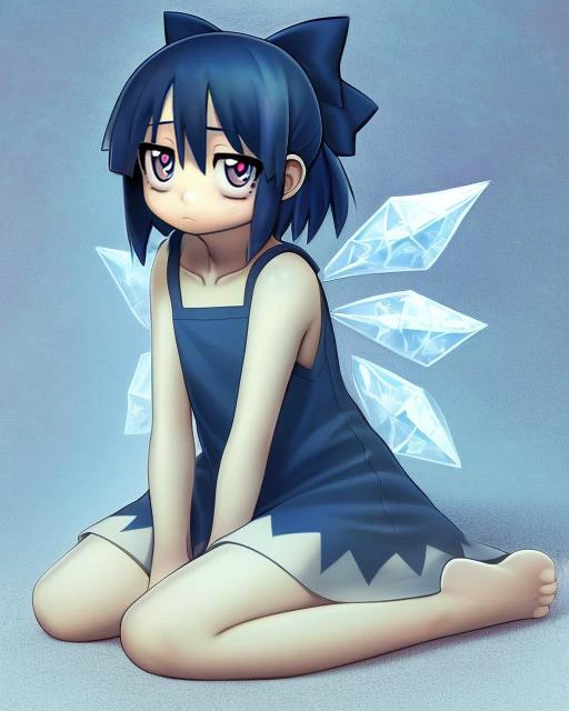 cirno, solo, puffy short sleeves, blue hair, blue bow, hair bow, hair between eyes, blue eyes, naked, nude, ice wings, terrified, scared, horrified, flat chest, tiny breasts, exposed pussy, squatting, face shadow, holding head with both hands, peeing, yellow fluids from pussy, crying, panic expression, (darkness:1.2), night, (ghost:1.1), fog, outdoors, forest, pine tree, spooky, horror \(theme\), masterpiece, best quality, smooth details
