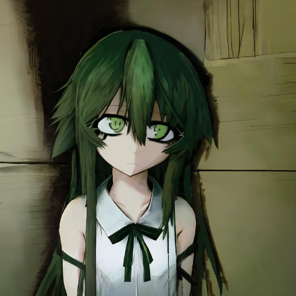 <lora:v1v404LORA_v1v404Ep30:0.6>,saya no uta, v1v404, saya, 1girl, bangs, sage hair, green eyes, hair between eyes, hair flaps, very long hair, sundress, white dress, flat chest, sidelocks, spaghetti strap, <lora:blackSouls_5:1>, <lora:death2HorrorLocon_v10:1>, <lora:shittyOekakiJaggy_v10:1><hypernet:blackSoulsHypernetwork_wd14AnimeEpoch1:0>