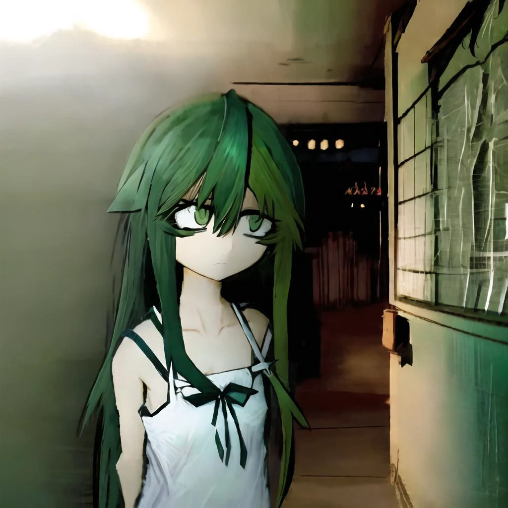 <lora:v1v404LORA_v1v404Ep30:0.6>,saya no uta, v1v404, saya, 1girl, bangs, sage hair, green eyes, hair between eyes, hair flaps, very long hair, sundress, white dress, flat chest, sidelocks, spaghetti strap, <lora:blackSouls_5:1>, <lora:death2HorrorLocon_v10:1>, <lora:shittyOekakiJaggy_v10:1><hypernet:blackSoulsHypernetwork_wd14AnimeEpoch1:0>