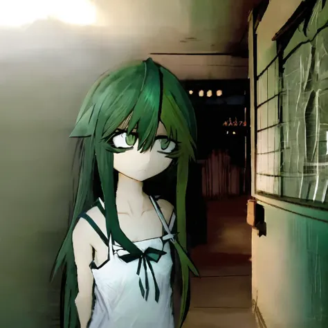 <lora:v1v404LORA_v1v404Ep30:0.6>,saya no uta, v1v404, saya, 1girl, bangs, sage hair, green eyes, hair between eyes, hair flaps, very long hair, sundress, white dress, flat chest, sidelocks, spaghetti strap,  <lora:blackSouls_5:1>,  <lora:death2HorrorLocon_v10:1>,  <lora:shittyOekakiJaggy_v10:1><hypernet:blackSoulsHypernetwork_wd14AnimeEpoch1:0>