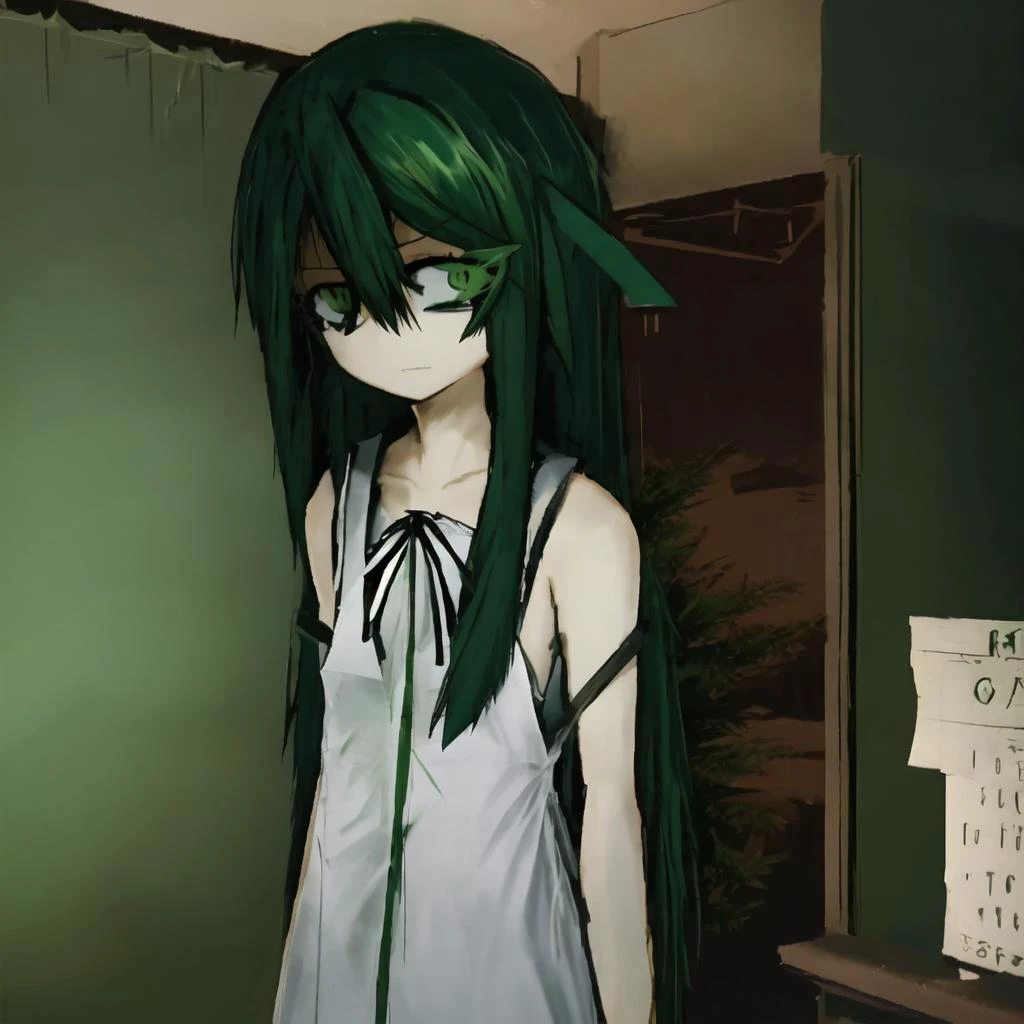 <lora:v1v404LORA_v1v404Ep30:0.6>,saya no uta, v1v404, saya, 1girl, bangs, sage hair, green eyes, hair between eyes, hair flaps, very long hair, sundress, white dress, flat chest, sidelocks, spaghetti strap, <lora:blackSouls_5:1>, <lora:death2HorrorLocon_v10:1>, <lora:shittyOekakiJaggy_v10:1><hypernet:blackSoulsHypernetwork_wd14AnimeEpoch1:0>