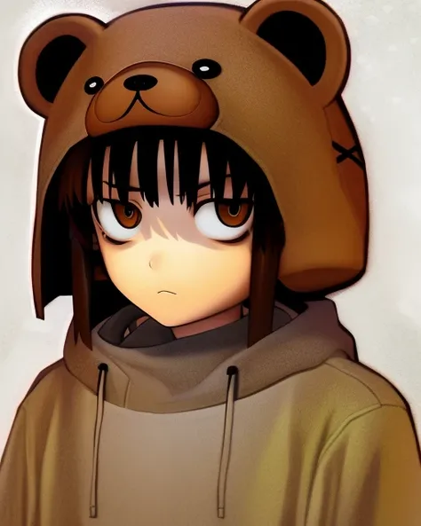serial experiments lain, lain, eyebags, tired, brown eyes, bear suit, short hair, kigurumi, shaded face, an x ornament, smooth shading, <lora:v1v404-000030:1>, realistic, dark theme