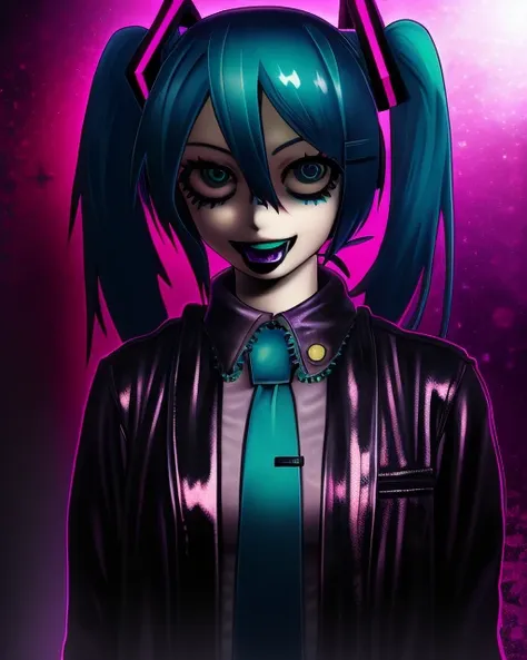 hatsune miku standing in a leather jacket, black lipstick, punk, mohawk, open mouth, eyebags, tired, smile, shaded face, aqua hair, smooth shading, <lora:v1v404-000030:1>, realistic, dark theme, purple lighting,