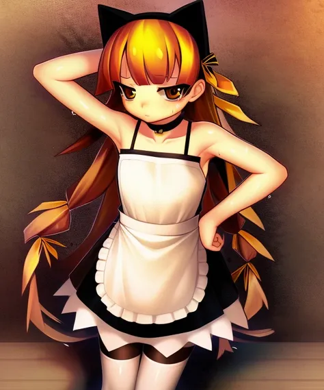 v1v404, 1girl, smooth shading, realistic, <lora:v1v404-000030:1>, full body, very long hair, tinwtails, yellow hair ribbon, sexy pose, brown eyes, armpit, maid uniform, apron, black hair, stockings, maid headband, sweat, cat headband