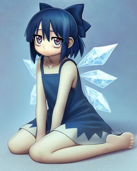 v1v404, 1girl, cirno, eyebags, tired, shaded face, smooth shading, realistic, <lora:v1v404-000030:1>, ice wings, full body, pink skin, blue eyes, blue background