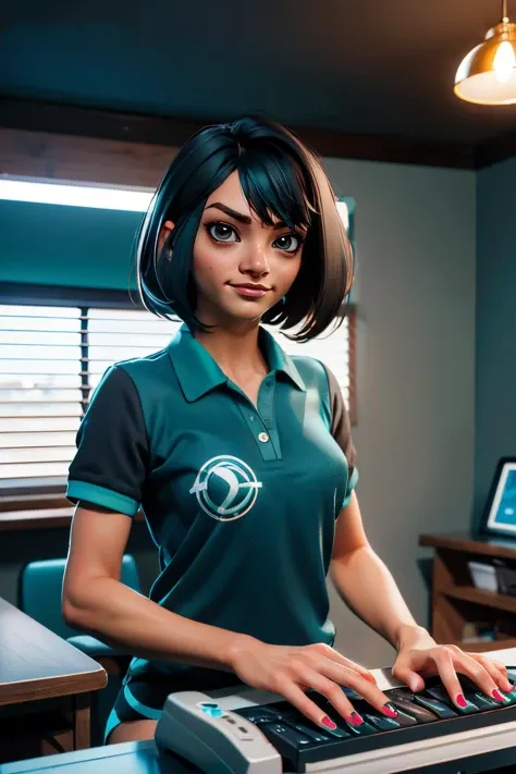 FengMin, brown eyes, black hair, bob cut, black and teal collared shirt, black and teal shorts, short sleeves ,nail polish, looking at viewer, serious, smirk, upper body shot, sitting, behind a table, using keyboard, inside girls bedroom, dark,  high quality, masterpiece,  <lora:FengMin-10DBDv8:.8>
