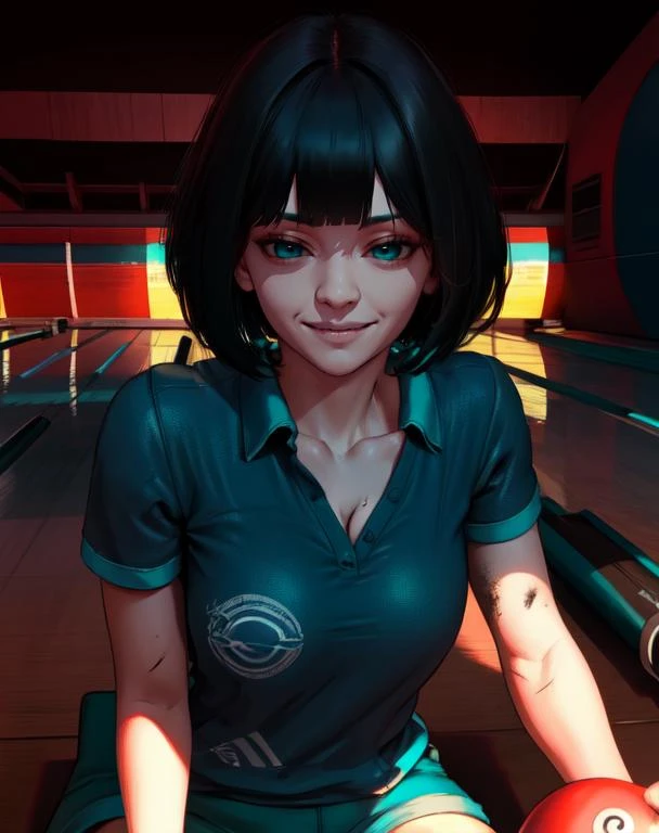 FengMin,black bob cut, light smile, 
dirty,upper body, sitting, 
black and teal collared shirt,short sleeves, shorts, 
nighttime,bowling alley, horror movie,cabin, cleavage, 
(insanely detailed, beautiful detailed face, masterpiece, best quality) cinematic lighting,
<lora:FengMin-10v6:0.8>,