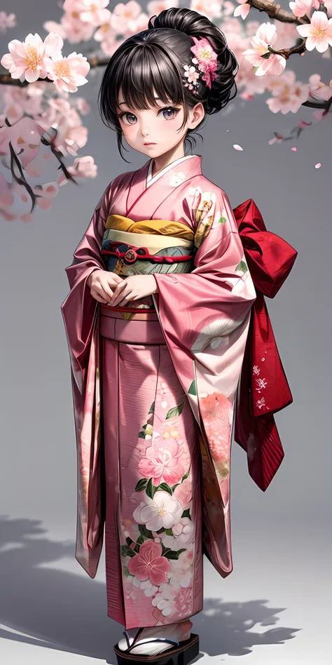 (masterpiece,ultra-detailed,best quality,8K,CG,illustration,shaved:1.0),(girl:1) <lora:more_details:1>,simple background <lora:furisode v1.0:0.5> jyojifuku, furisode, kimono, hair ornament, long sleeves,cherry blossom