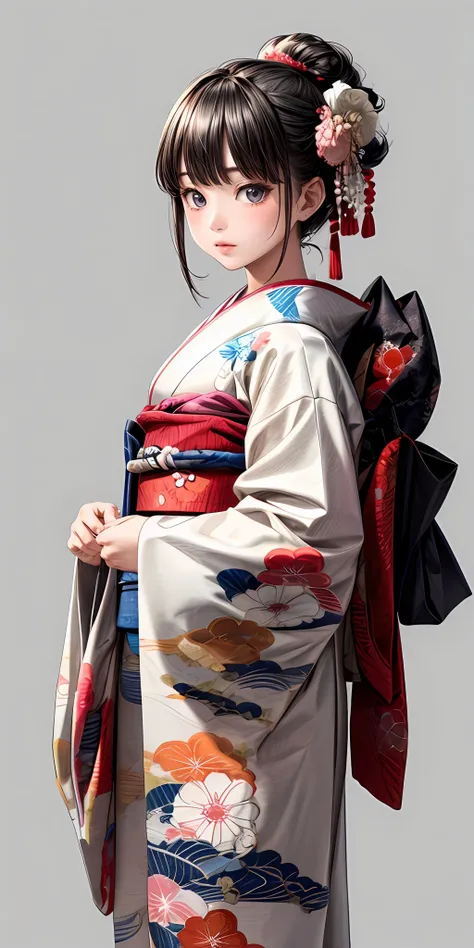 (masterpiece,ultra-detailed,best quality,8K,CG,illustration,shaved:1.0),(girl:1) <lora:more_details:1>,simple background <lora:furisode v1.0:0.5> jyojifuku, furisode, kimono, hair ornament, long sleeves