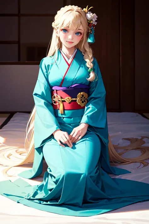 <lora:furisode v1.0:0.5> jyojifuku, furisode, kimono, hair ornament, long sleeves,, absurdres, ultra detailed, masterpiece, best quality, aesthetic, detailed,, solo, soft smile, light smile,
katya1, 1girl, blue eyes, very long hair, blonde hair, long blonde hair, french braid, bangs, medium breasts,