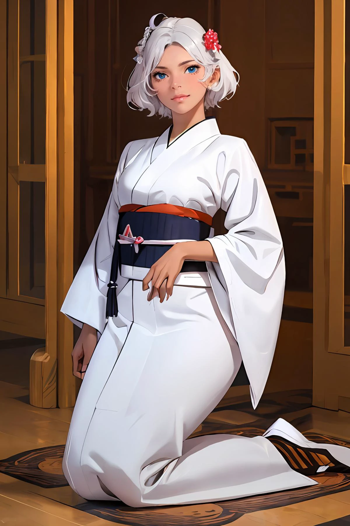 masterpiece,8k high quality detailed,highres,anime,,illustration \(art_book\),
(an illustration of a female,illustration \(female\),(solo)),
,dark-skinned female,dark skin,short hair,white hair,silver hair,blue eyes,breasts,large breasts,(<lora:furisode v1.0:0.6>, jyojifuku,furisode,kimono,hair ornament,long sleeves),Smirk,detailed_face,
((Kneeling on one knee)),
(,realistic clothing texture,realistic_skin_texture),<lora:velvia:0.6>,<lora:ANIME_secelia_dote_ownwaifu:0.7>,<lora:more_details:0.3>