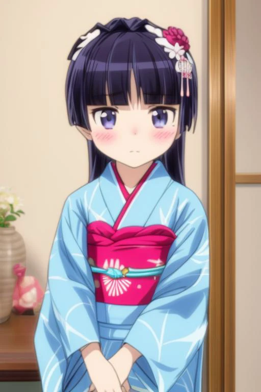 ultra-detailed,masterpiece,best quality,1girl,blush,jyojifuku, furisode, navy kimono, hair ornament, long sleeves,gokou ruri, black longhair<lora:furisode v1.0:0.7> <lora:Oreimo_gokou ruri:0.7> <lora:add_detail:1.4>