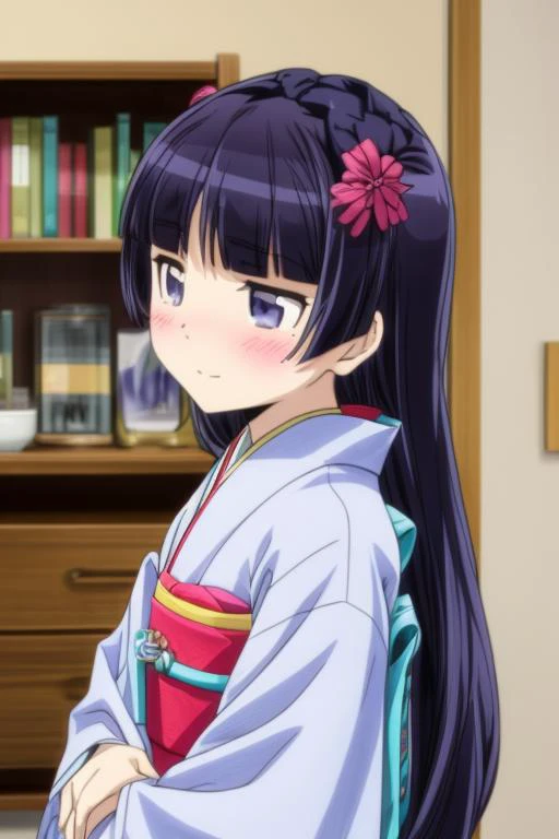 ultra-detailed,masterpiece,best quality,1girl,blush,jyojifuku, furisode, navy kimono, hair ornament, long sleeves,gokou ruri, black longhair<lora:furisode v1.0:0.7> <lora:Oreimo_gokou ruri:0.7> <lora:add_detail:1.4>