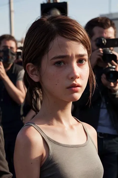 hyperealistic contrasted photo, portrait of
13 years old child, ellie from the last of us, low ponytail,
<lora:Ellie_V1:0.5>
turn head (look at the viewer, eye contact:1.3) (face closeup:1.4)
fancy (sparkling:1.1) balenciaga trapezoid dress
(parted lips:1.1)
(upper body:1.5) (contrapposto:1.3), in a movie festival by night, public and photographers, <lyco:public_v3.0-locon:1.0>