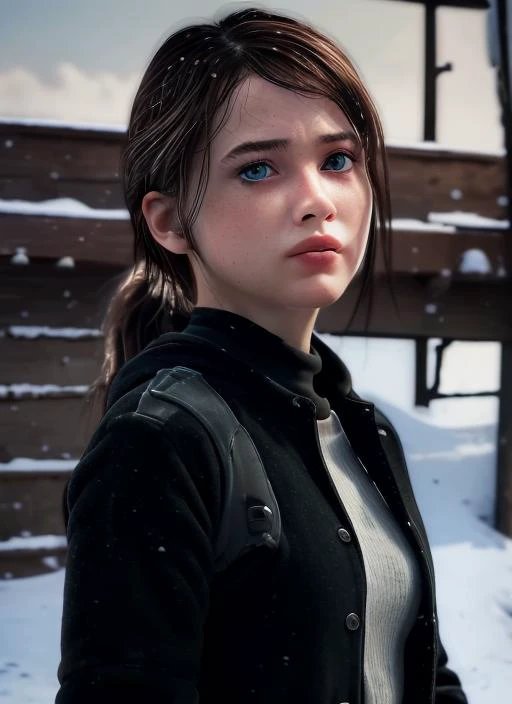 (8k, best quality, masterpiece:1.2), (realistic, photorealistic, photo-realistic:1.37), ultra-detailed, beautiful detailed eyes, beautiful detailed nose, (((balanced eyes))), ((upper body 1:2)),((big breasts)), (((sweater))), natural skin texture, 24mm, 4k textures, soft cinematic light, adobe lightroom, photolab, hdr, intricate, elegant, highly detailed, sharp focus, ((((cinematic look)))), soothing tones, insane details, intricate details, hyperdetailed, low contrast, soft cinematic light, dim colors, exposure blend, hdr, faded, slate atmosphere, <lora:Ellie_V1:0.85> , (((black coat))), white jacket, ponytail