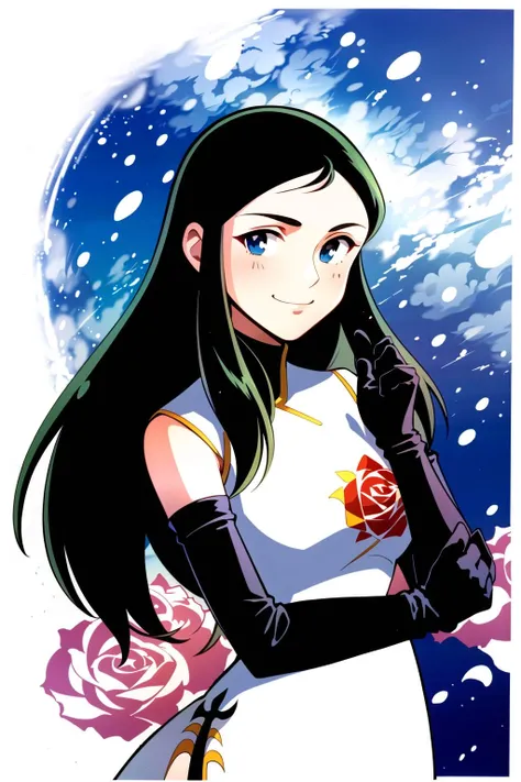 (masterpiece:1.5), best quality, (1girl, solo)(,1990s (style):1),
ginrei,( giant robo), green hair, long hair, gloves, dress, white chinese clothes, china dress, (embroidery single rose petals), (black elbow gloves:1.4),embroidered left breast, high heels, tsuruya, retro artstyle, silhouette, (black gloves:1.4), short dress,high heels,
<lora:Ginrei0002:0.85>, smile, closed mouth,
blush,((( midd night, night sky, )))
(simple background),(( upper body, cowboy shot , dynamic pose, looking at viewer, ))