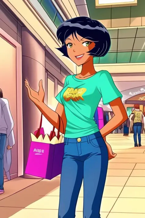 <lora:totallySpiesArtStyle10:1>, 1girl, short hair, black hair, small breasts, dark skin, dark-skinned female, smiling, t-shirt, jeans, in a mall