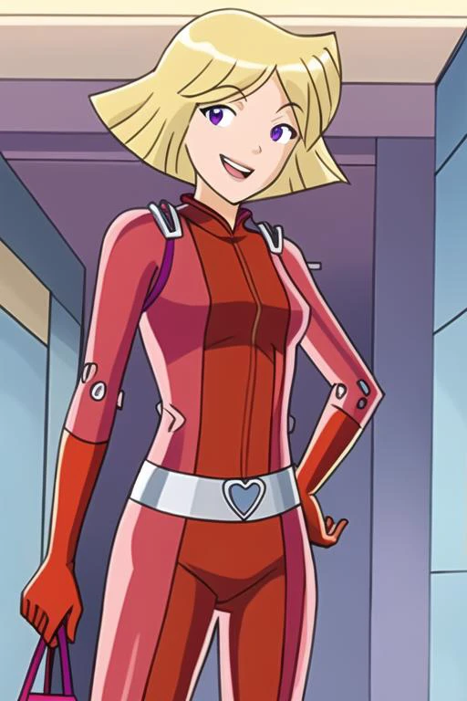 <lora:totallySpiesArtStyle10:1>, 1girl, short hair, blonde hair, small breasts, purple eyes, smiling, red bodysuit, long sleeves, red long gloves, in a mall