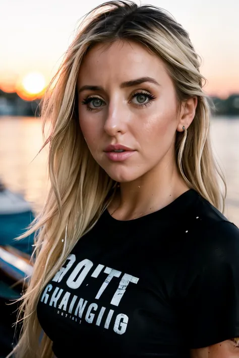 RAW, real photo portrait, camilaNaka1 , on a boat, (wearing a wet black t-shirt), pretty face, insanely detailed eyes, light blonde hair, high ponytail, bokeh, natural light, depth of field, golden hour, sharp focus