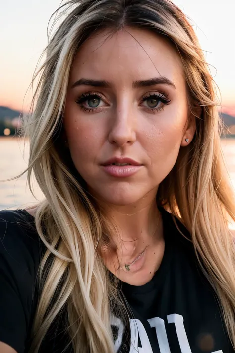 RAW, real photo portrait, camilaNaka1 , on a boat, (wearing a wet black t-shirt), pretty face, insanely detailed eyes, light blonde hair, high ponytail, bokeh, natural light, depth of field, golden hour, sharp focus