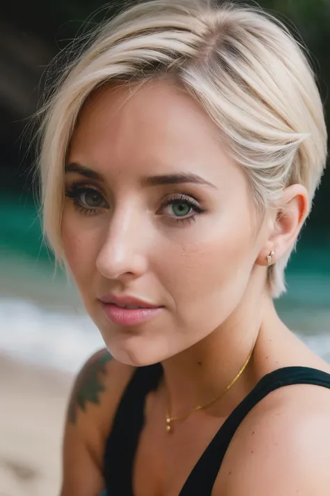 photoshoot of camilaNaka1, (blonde hair), (pixie cut), , detailed skin texture, (blush:0.2), (goosebumps:0.3), (light blue dress), subsurface scattering, Photorealistic, Hyperrealistic, Hyperdetailed, analog style, hip cocked, demure, detailed skin, matte skin, soft lighting, subsurface scattering, realistic, heavy shadow, masterpiece, best quality, ultra realistic, 8k, golden ratio, Intricate, High Detail, film photography, soft focus