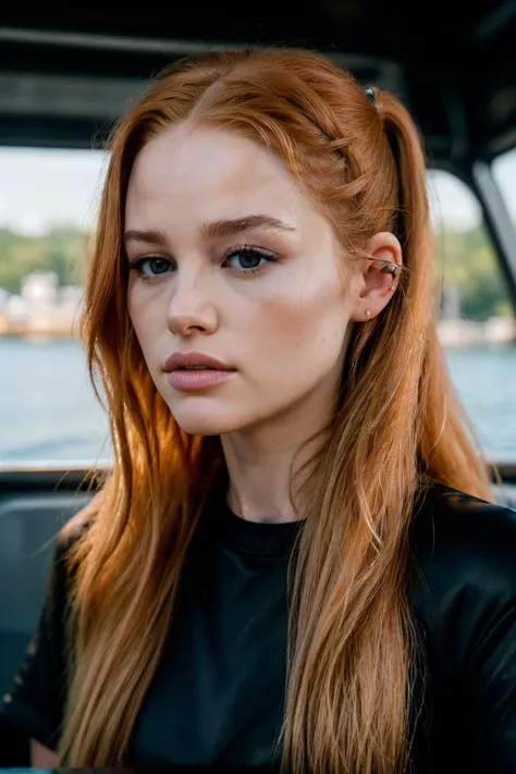 RAW, real photo portrait, madelainePet1, on a boat, (wearing a wet black t-shirt), pretty face, insanely detailed eyes, light blonde hair, high ponytail, bokeh, natural light, depth of field, golden hour, sharp focus