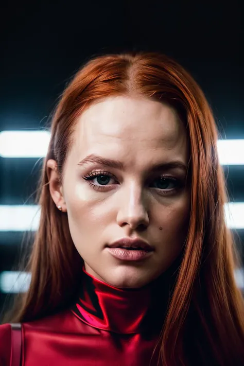 A stunning intricate full color portrait of madelainePet1, wearing a neon red turtleneck, epic character composition, by ilya kuvshinov, alessio albi, nina masic, sharp focus, natural lighting, subsurface scattering, f2, 35mm