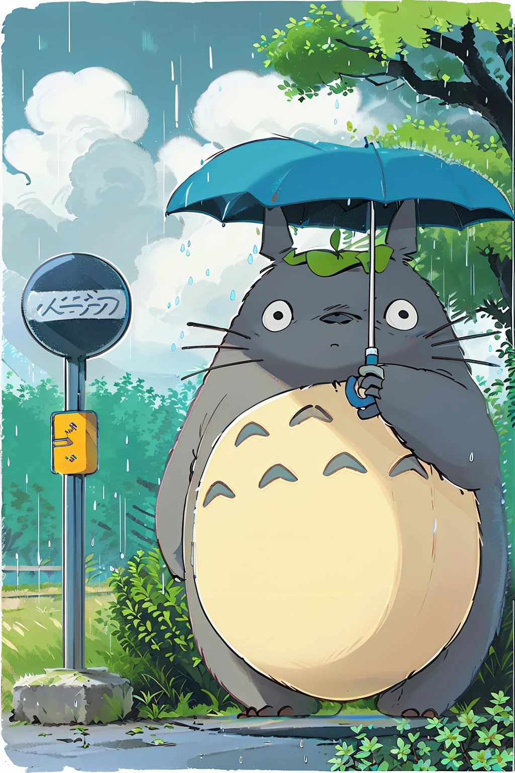 <lora:totoro001:0.7>,solo,
big_totoro,
holding umbrella,leaf on head, tree, (under tree:1.3), bus stop, road, heavy rain, (raining:1.2), (cloudy day:1.3), (gray sky:1.3), hairy,