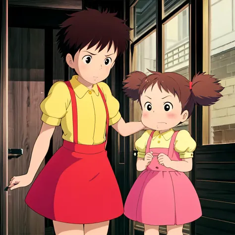 <lora:totoro001:0.6>,<lora:add_detail:0.8>,<lora:boldline:-0.3>,<lora:noline:0.3>,1girl,and,child,
Satsuki,1girl,
black hair,
short hair,
black eyes,
yellow shirt,short sleeves,
suspenders,
skirt,
and,
BREAK
Mei,1girl,child,
brown hair,
short twintails,
black eyes,
hair bow,
pink dress,puffy short sleeves,
