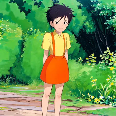(Supremely realistic) Outdoor, satsuki,One girl, Black Hair, short hair, black eye, Yellow Shirt,Short sleeve, suspenders, Orange Skirt, Ghibli style, sit, Spread your legs, Crotch close-up, underwear, Translucent slip, Flip up the skirt