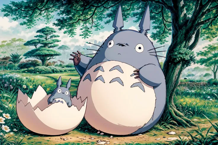 <lora:totoro001:0.7>,
big_totoro, medium_totoro, small_totoro, hands up,
(hairy:1.1), tree, grass, plants, flowers, gray hair,
<lora:concept_hatching-v2:0.8>, hatching, eggshell, cracked egg, eggshell on head, jagged crack,
<lora:detail_slider_v4:1>,
<lora:add_detail:0.6>,
<lora:more_details:0.6>,