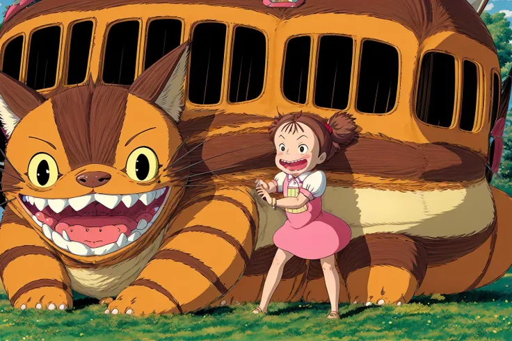 Miyazaki style,
<lora:totoro001:0.7>, Catbus, (hairy:1.3), teeth,
Mei, , brown hair, short twintails, black eyes, hair bow, pink dress,puffy short sleeves,
<lora:detail_slider_v4:2>,
<lora:add_detail:0.6>,
<lora:more_details:0.4>,
<lora:GoodHands-vanilla:1>,