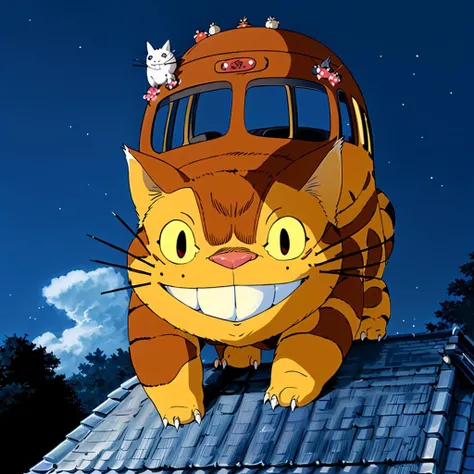 <lora:totoro001:0.7>,<lora:add_detail:0.8>,<lora:boldline:-0.3>,<lora:noline:0.3>,
Catbus,sky,night,cat,grin,night sky,star (sky),brown hair,ground vehicle,starry sky,tree,cloud,house,rooftop,stairs,outdoors,animal,building,dark,