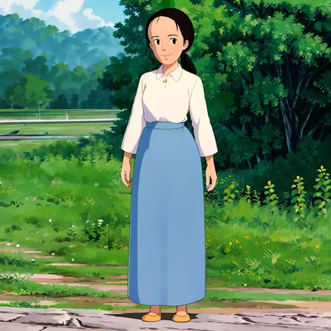 <lora:totoro001:0.7>,<lora:add_detail:0.8>,<lora:boldline:-0.3>,<lora:noline:0.3>,
Yasuko,1woman,solo,
black hair,
long hair,low ponytail,
black eyes,
collared_shirt,long_sleeves,long_skirt,looking at viewer,smile,nature,full body,