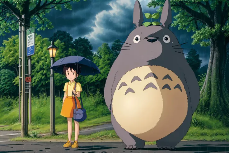 (a girl holding umbrella and standing on roadside with an animal in the evening:1.3), Miyazaki style, ghibli-style,
<lora:totoro001:0.7>, big_totoro,
(leaf on head:1.1), a lot of trees, (under tree:1.3), (bus stop:1.3), road, heavy rain, (raining:1.2), (cloudy day:1.3), (gray sky:1.3), hairy,
Satsuki, yellow shirt,short sleeves, suspenders, skirt, street lamp,
<lora:detail_slider_v4:1>,
<lora:add_detail:0.6>,
<lora:more_details:0.2>,
<lora:GoodHands-vanilla:1>,
<lora:nighttime_v1:0.7>,