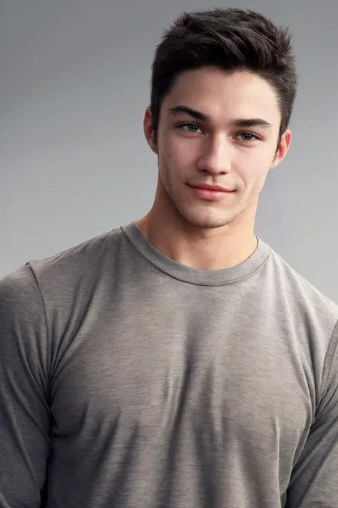 headshot, close-up shot, <lora:arthur_nory-04:1> photo of arthur_nory, wearing fitted solid-colored crew neck shirt, grey backdrop, confident yet approachable mood, personable, modern clean look, natural relaxed expression, smirk