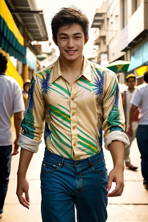 <lora:arthur_nory-04:1> photo of arthur_nory, blurred background, walking down a busy Brazilian street during carnival, wearing a button-up shirt and pants, natural light, soft dreamy quality, warm golden light, smile