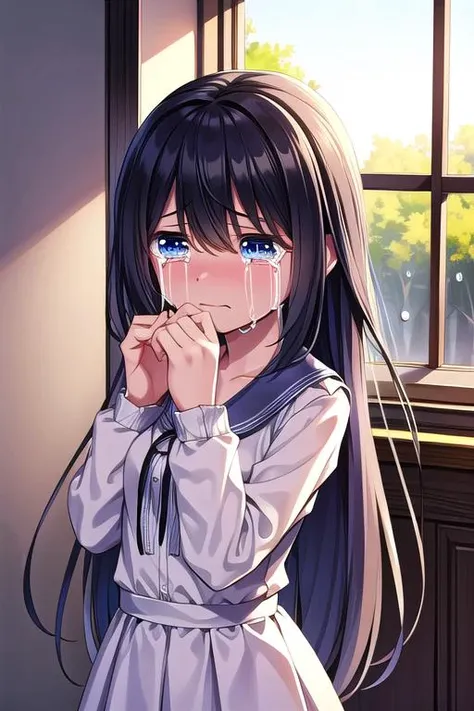 masterpiece,best qualitiy,high detail,1girl,long hair,arms over face, (crying:1.3) <lora:huohuo:0.7>indoor,window,