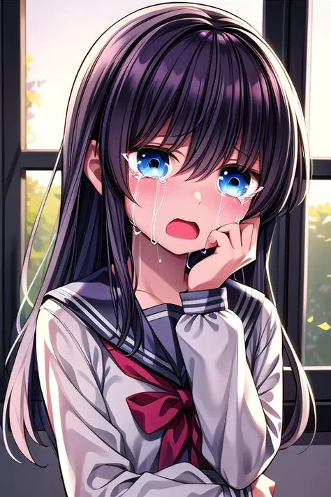 masterpiece,best qualitiy,high detail,1girl,long hair,sailor uniform,arms over face, (crying:1.3) <lora:huohuo:0.7>indoor,window,grit teeth <lora:hyperdetailer_v080:0.4>