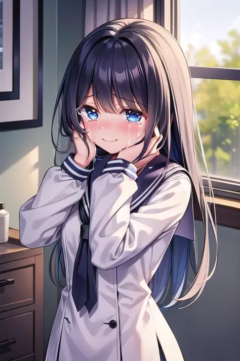 masterpiece,best qualitiy,high detail,1girl,long hair,sailor uniform,arms over face, (crying:1.3) <lora:huohuo:0.7>indoor,window,smile,looking at viewer <lora:hyperdetailer_v080:0.4>