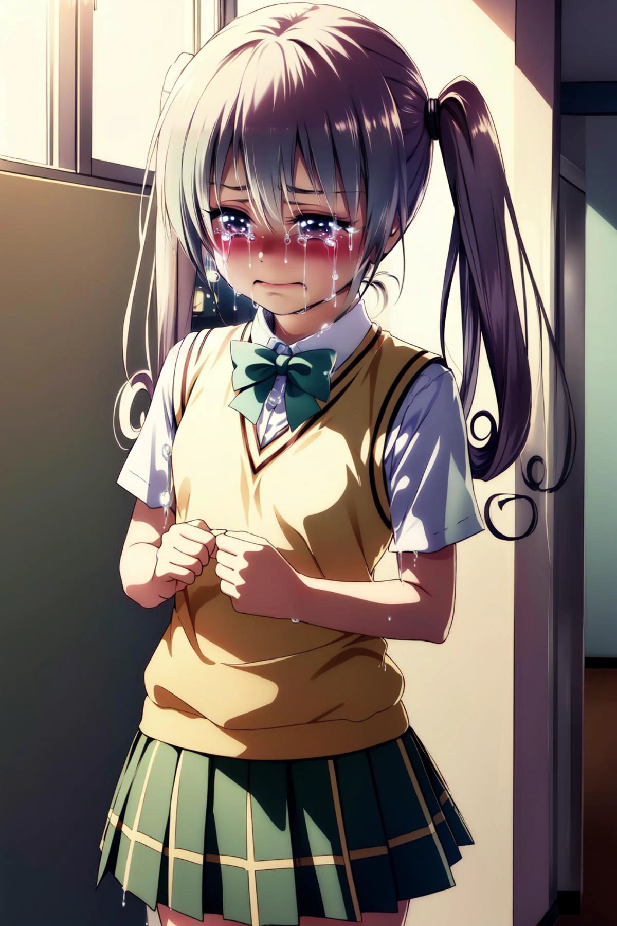 (masterpiece, best quality), intricate details,
1girl, <lora:nana_asta_deviluke_v1:0.8> aanana, long hair, twintails, school uniform, green bowtie, white shirt, sweater vest, short sleeves, plaid skirt, green skirt,
<lora:iselestia_cry_about_it:0.8> (crying:1.3)