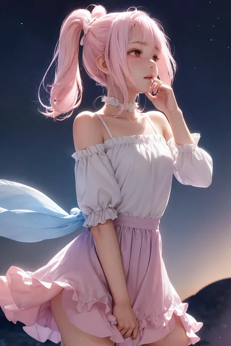 look up at the night sky, heaed up, pay, Sad, (crying:1.1), (dress:1.0), Innocent, Flat, Medium hair, Skirt, masterpiece, best quality, Side ponytail, (light pink hair:1.2), (light blue hair:1.0), (gradient hair:1.2), white horns, Pointy ears, layered, frills, bare shoulders, sleeves, <lyco:iselestia_cry_about_it:0.3>,