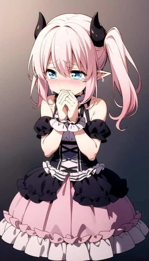 Arms over face, Sad, (crying:1.3), (dress:1.0), Innocent, Flat, Medium hair, Skirt, masterpiece, best quality, Side ponytail, (light pink hair:1.2), (light blue hair:1.0), (gradient hair:1.2), white horns, Pointy ears, layered, frills, bare shoulders, sleeves, (<lyco:dressLo:0.4>:1.0), <lyco:iselestia_cry_about_it:0.7>