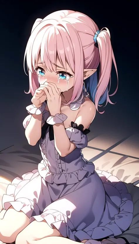 Sitting, Arms over face, Sad, (crying:1.3), (dress:1.0), Innocent, Flat, Medium hair, Skirt, masterpiece, best quality, Side ponytail, (light pink hair:1.2), (light blue hair:1.0), (gradient hair:1.2), white horns, Pointy ears, layered, frills, bare shoulders, sleeves, (<lyco:dressLo:0.4>:1.0), <lyco:iselestia_cry_about_it:0.7>