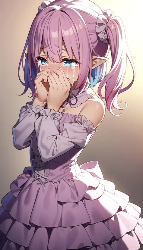 Arms over face, Sad, (crying:1.3), (dress:1.0), Innocent, Flat, Medium hair, Skirt, masterpiece, best quality, Side ponytail, (light pink hair:1.2), (light blue hair:1.0), (gradient hair:1.2), white horns, Pointy ears, layered, frills, bare shoulders, sleeves, (<lyco:dressLo:0.4>:1.0), <lyco:iselestia_cry_about_it:0.7>
