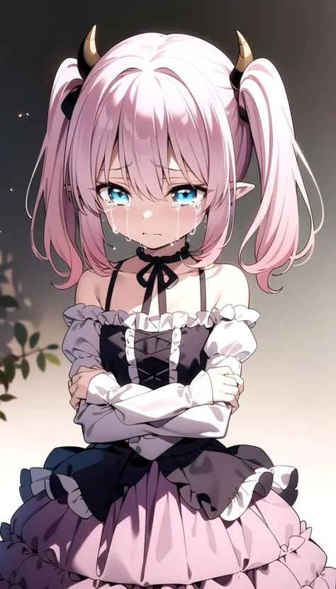 Arms over eyes, Sad, (crying:1.3), (dress:1.0), Innocent, Flat, Medium hair, Skirt, masterpiece, best quality, Side ponytail, (light pink hair:1.2), (light blue hair:1.0), (gradient hair:1.2), white horns, Pointy ears, layered, frills, bare shoulders, sleeves, (<lyco:dressLo:0.4>:1.0), <lyco:iselestia_cry_about_it:0.7>