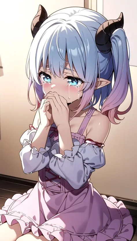 Sitting, Arms over face, Sad, (crying:1.3), (dress:1.0), Innocent, Flat, Medium hair, Skirt, masterpiece, best quality, Side ponytail, (light pink hair:1.2), (gradient hair:1.2), white horns, Pointy ears, layered, frills, bare shoulders, sleeves, (<lyco:dressLo:0.4>:1.0), <lyco:iselestia_cry_about_it:0.7>, (light blue hair:1.15)