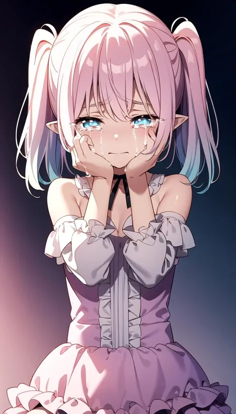 Arms over face, Sad, (crying:1.3), (dress:1.0), Innocent, Flat, Medium hair, Skirt, masterpiece, best quality, Side ponytail, (light pink hair:1.2), (light blue hair:1.0), (gradient hair:1.2), white horns, Pointy ears, layered, frills, bare shoulders, sleeves, (<lyco:dressLo:0.4>:1.0), <lyco:iselestia_cry_about_it:0.7>