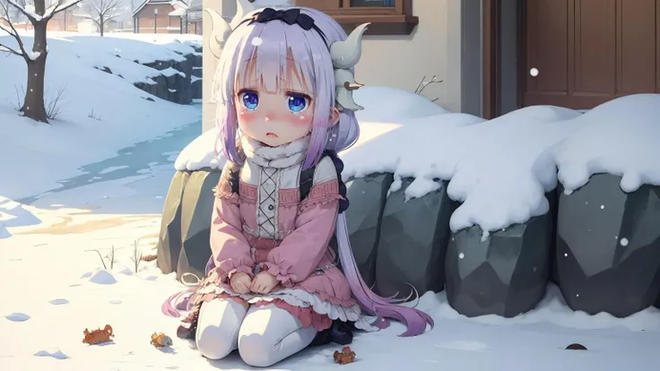 1 little girl, Maid Dragon, Kanna, sad, winter, sitting, snowflakes, cry, cartoon style, best quality, masterpiece,  <lora:Kanna_Sora9:0.9>, (masterpiece,best quality:1.5)